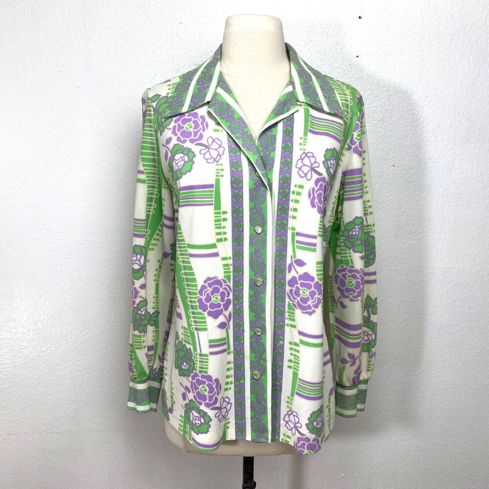 Vintage 70s Pykettes Blouse Large Green Purple Floral Boho Peasant Fairy Retro